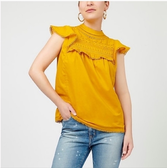 J Crew Flutter Sleeve Crochet Lace Top Marigold Yellow XXS - Picture 1 of 11